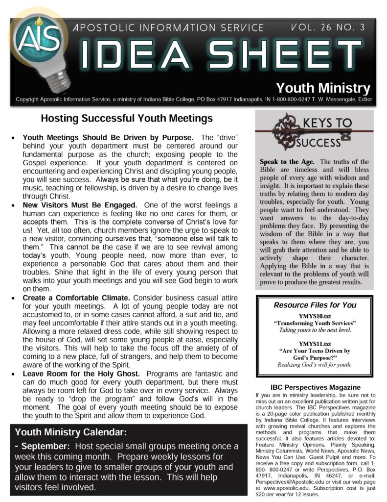 Youth Ministry Idea Sheet – APOSTOLIC INFORMATION SERVICE