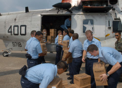 Disaster Response Men’s Ministry 050901-N-0438-013
Pensacola, Fla. (Sep. 1, 2005) Ð Sailors stationed on board Naval Air Station Pensacola load supplies on a UH-3H helicopter before it is transported to New Orleans to aide in disaster relief efforts for the Hurricane Katrina victims. The Navy's involvement in the humanitarian assistance operations is led by the Federal Emergency Management Agency (FEMA), in conjunction with the Department of Defense. U.S Navy photo by Jerry Antone (RELEASED)